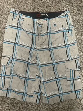 Tony Hawk Boys Gray Plaid Cargo Shorts with Blue Accents